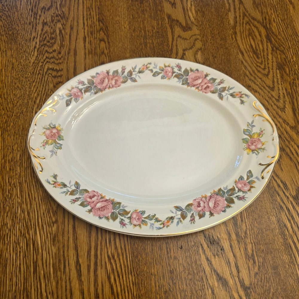 Crown‎ Potteries Co Vintage Pink Rose Oval Serving Platter Gold Trim 11" 1949